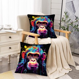 Tucocoo Graffiti Art Throw Pillow Covers 18x18 inches Set of 2, Monkey Portrait Decorative Cushion Case Animal Cartoon Style Colorful Modern Decor for Couch Bed Patio Car Sofa Living Room Pillowcase
