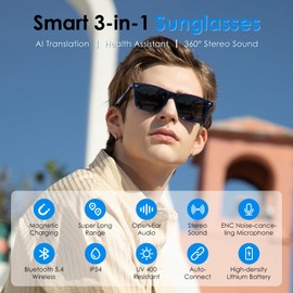 GetD Bluetooth Sunglasses for Men/Women, AI Translator, 11H Battery Life, Polarized Lens, UV Protection, Voice Control, Built-in Mic & Speakers, Smart Eyewear for Gaming Meeting Travel