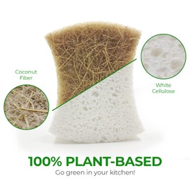 Biodegradable Natural Kitchen Sponge - Compostable Cellulose and Coconut Walnut Scrubber Sponge - Pack of 12 Eco Friendly Sponges for Dishes