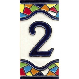 TORO DEL ORO House Numbers. Numbers and Letters on Tile. Glazed Ceramic, Hand Painted Dry Rope Technique. Names and Addresses. Mosaic Design Medium 5.5x10.5 cm (Number Two "2")