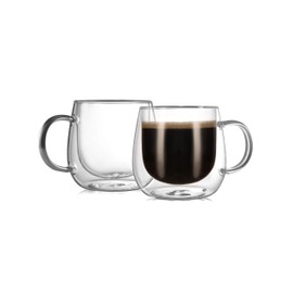 CNGLASS 12oz Double Walled Glass Coffee Mugs(2-pack),Clear Coffee Cups with Handle,Glass Espresso Mugs for Latte,Cappuccino,Tea