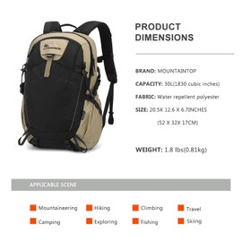 MOUNTAINTOP 30L Hiking Backpack Men Women Trekking Backpack Outdoor Backpacks with Rain Cover for Camping Hiking Travel, khaki