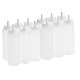 Soro Essentials- Set of 12- Plastic 8 oz. Squeeze Out Bottle Clear Color- Condiment Squeeze Bottles Squirt Containers for Condiments Syrup Ketchup Sauces Dressing Oil Honey Leak Proof
