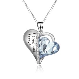 Valentine's Day Gifts for Her, 925 Sterling Silver "I Love You Forever" Heart Pendant Necklace with Light Blue Crystal, AOBOCO Jewellery Birthday Gifts for women