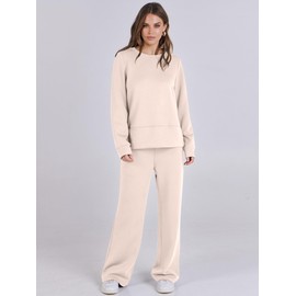 ANRABESS Womens 2 Piece Outfits Long Sleeve Sweatsuit Wide Leg Pants Set Lounge Travel Fashion Tracksuit Clothes 2024 Fall Apricot X-Large