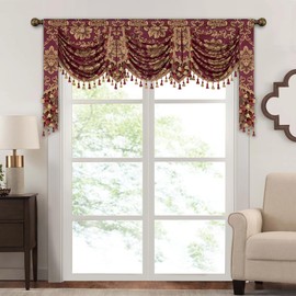 Loom and Mill Luxury Waterfall Valances for Living Room, Classic Jacquard Thick Swag Curtains Valance with Tassels for Bedroom Windows Party Banquet Christmas Decor (Wine Red, W79 Inch, 1 Panel)