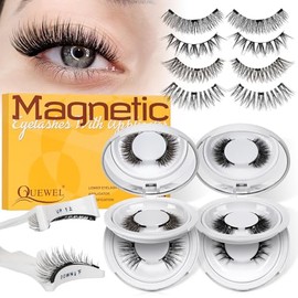 QUEWEL Magnetic-Eyelashes, 3D Natural Look Magnetic Lashes with Applicator No Glue and Remover Needed False Lashes Kit Easy to Use (4 pairs-DJ-CX-A-new)