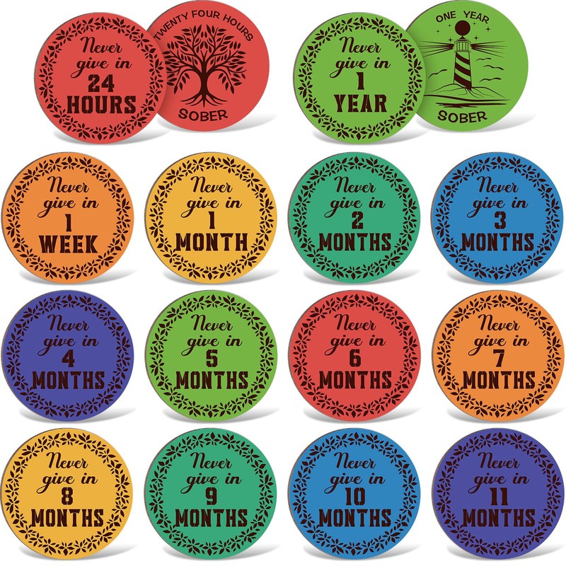28 Pcs Wooden Sobriety Coin Gift Set, Recovery Sobriety Chip
