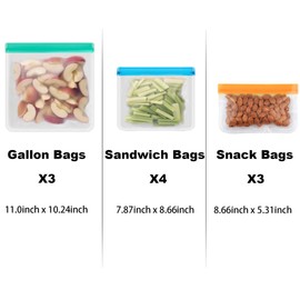 SHUCHUANG Reusable Freezer Bags with BPA Free,Dishwasher Safe&Extra Thick Leakproof Silicone Food Storage Sets,10pcs Reusable Bags Silicone-3Gallon+4Sandwich+3Snack Bags