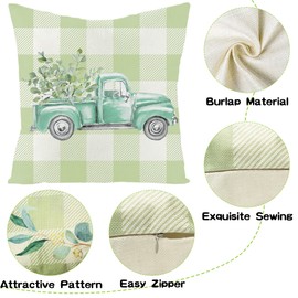 WATINC 4Pcs Spring Summer Pillow Covers Eucalyptus Leaves Garland Truck Cushion Cases Linen Cloth Sweet Home Together Gather Plaid Pillowcase Decoration Farmhouse for Sofa Home Car Couch 18 x 18 Inch