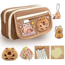 Capybara Large Capacity Pencil Case with Sticky Notes Stickers Pendants 210x130x75MM Cute Transparent Multi-Layer Pencil Case Cute Stationery Set Suitable for Middle School Students (Brown)