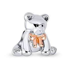 Cute Stuffed Animal Teddy Bear Pink Bow Charm Bead For Women Tween Daughter Two Tone Rose Gold Plated .925 Sterling Fits European Bracelet