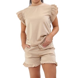 BESTITALIANUK Womens Plain Peplum Frill Sleeve Top Shorts Co ord Set New Ladies 2PCS Tracksuit Plus size 8-22 UK (as8, numeric, numeric_20, numeric_22, regular, regular, Stone)