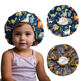 BHAHB 2 PCS Kids Bonnets for Girls Boys Satin Silk Bonnets Double Layer Elastic Adjustable Hair Caps for Sleeping Reusable Cute Aesthetic-Dinosaur Cars