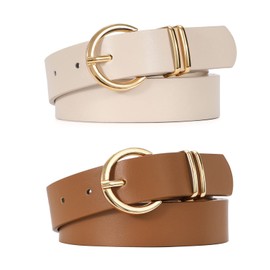 JASGOOD 2 Pack Women's Leather Belts for Jeans Dresses Fashion Silver Buckle Ladies Waist Belt,Brown+Beige,M:Fit Waist Size 32-37 inches
