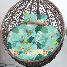 Outdoor Round Egg Chair Cushion Replacement, Waterproof 45"L x 45"W Thicken Swing Egg Chair Cushions with Headrest Pillow, Soft Wicker Basket Eggs Chairs Pad for Indoor Garden Cyan Flower leaves