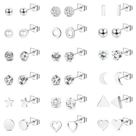 Milacolato 18Pairs Stainless Steel Stud Earrings for Women Small Stud Earring Set Multiple Geometric Tiny Ball Star Heart Pearl Piercing Ear Studs Cubic Zirconia Earrings for Girls