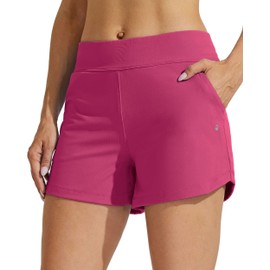 Willit Women's 3.5 inch Swim Board Shorts Swimming Bottoms Tummy Control Beach Shorts with Liner Deep Pink L