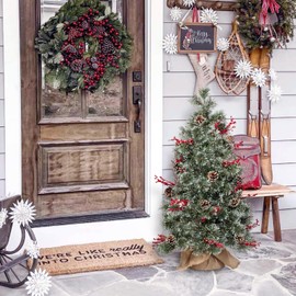 Mini Tabletop Christmas Tree with Lights, Small Pre-lit Decorated Christmas Trees 3ft Battery Operated with 50 LED,Burlap Bag Base,Red Berries Little Christmas Tree for Table Room Porch Decor