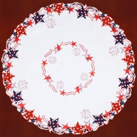 Simhomsen Embroidered July 4th Holiday Red, White and Blue Patriotic Tablecloths for American Independence Day, Memorial Day Round 70 inches