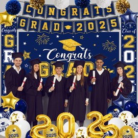 Graduation Decorations Class of 2025, Blue and Gold Graduation Decorations with Congrats Grad Backdrop, Class of 2025 Banner,Porch Sign, Balloons, Foil Number 2025 for Graduation Party Supplies