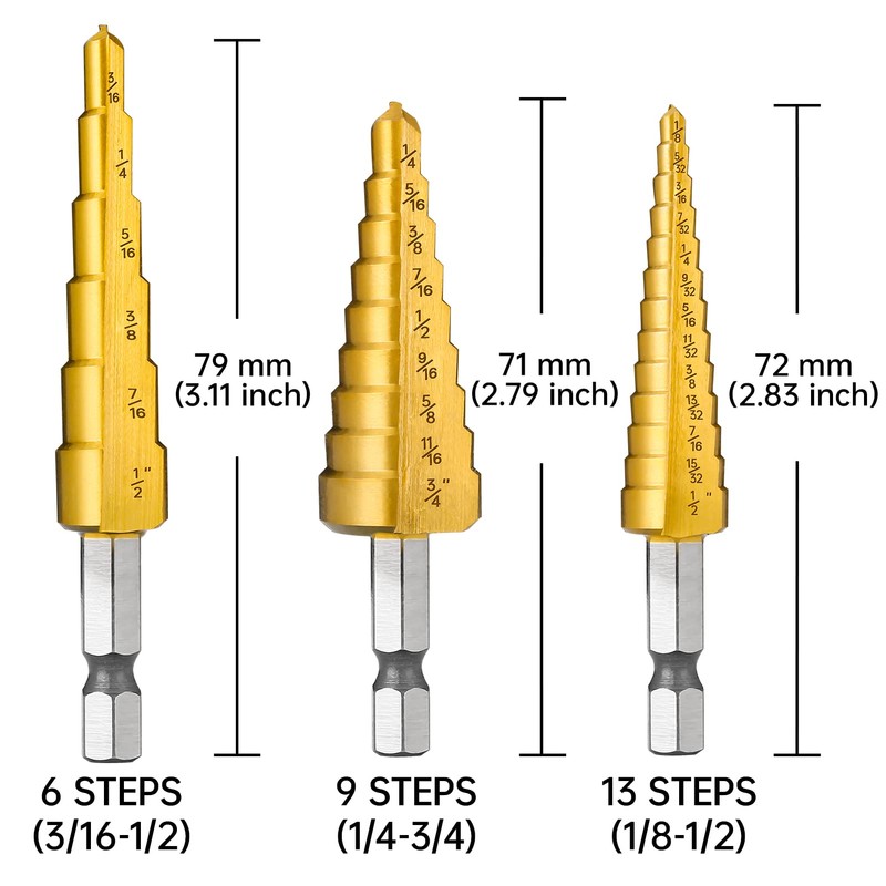 IRONANT 3PCS Step Drill Bit Set, HSS Titanium Step Drill