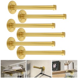 JMIATRY 6PCS Gold Pipe Shelf Brackets 12 Inches Gold Closet Rods for Hanging Clothes 12 inch Golden Pipe Clothes Bars Garment Rack Brackets Wall Shelves Bracket for Garment Rack Vintage Furniture