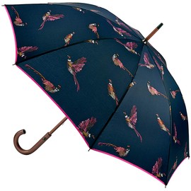Joules Pheasant Pink & Navy Kensington Wooden Crook Handle Walking Umbrella