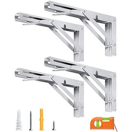 LuckIn Folding Shelf Brackets 8 Inch, Heavy Duty Stainless Steel Collapsible Brackets for Table, Max Load 300lbs, Silver, 4 PCS
