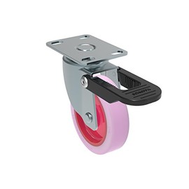 Schioppa, GL 310 Citrus Pink FPI, 3" (75 mm) Swivel Brake Caster, Non-Marking Polyethylene Wheel, 100 lbs, Plate: 2 x 2-1/2" (BH 1 x 2")