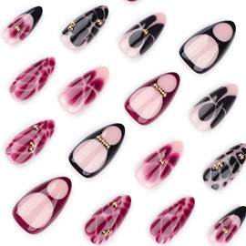 24Pcs Black French Tip Press on Nails Medium Almond Nails Flower Fake Nails with Gold Beads Designs Rose Red Floral Stick on Nails Spring Summer Acrylic Nails Full Cover French False Nails for Women