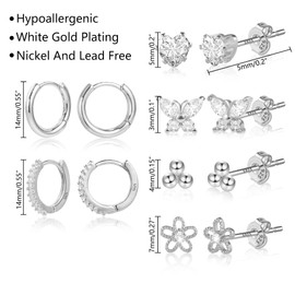 ASH'S CHOICE 925 Sterling Silver Earrings for Women, 6 Pairs Sterling Silver Huggie Earrings Small Studs Earrings Set, Silver Huggie Earrings Mini Tiny Flower Ball Studs Studs with Zirconia Diamond