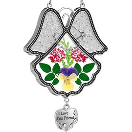 KY&BOSAM Angel Suncatcher I Love You Frined Stained Glass Panels for Windows Hangings Wind Chime with Pressed Flower Glass with Metal Charm Birthday Gift for Women Friend Mothers Day Christmas Decor