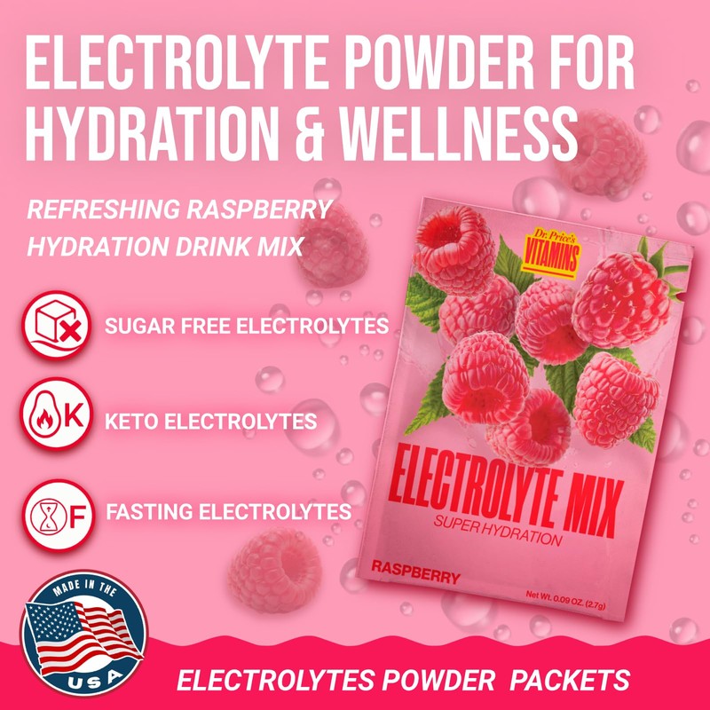 Dr. Price’s Electrolytes Hydration Powder Packets – Raspberry, 30 Packs
