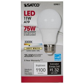 Satco Lighting S29811-11 Watt A19 LED Dimmable Frosted Light Bulbs - 3000K - Medium Base - 1100 Lumens - 220 Degree Beam Angle -120 Volts (6 Pack)