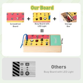 Tilhumt Busy Board with LED Light, 2-in-1 Montessori Screwdriver Board Set with 6 LED Light Switches, Toddler Montessori Switch Fidget Board with Lockable Toolbox, Travel Activity Toys for Outdoor