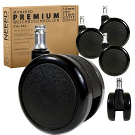 MYNEEED Office Chair Castors for Carpet, Soft Floor, Diameter 65 mm, Durable Soft Floor Castors, Safety Double Castors with Thread Protection, Certified by TÜV & GS, Pin Diameter: 11 mm