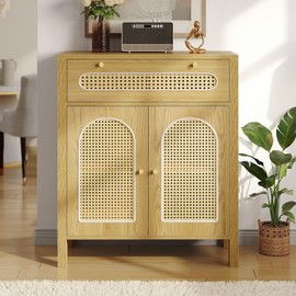 DWVO Rattan Drawer Dresser with Doors and Adjustable Shelves - Bathroom Cabinet with Large Drawer-Accent Cabinet Sideboard for Living Room/Entryway - Natural