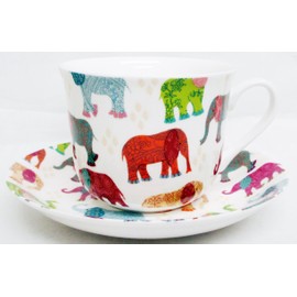 Fromeuropewithlove Elephants Breakfast Cup & Saucer Fine Bone China Patched Multicolour Elephants Large Cup & Saucer Hand Decorated in the UK