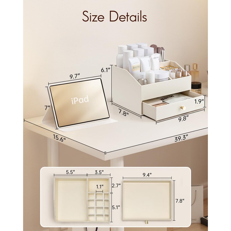 Vlando Makeup Organzier,Vanity Organizer with Drawers, PU Leather Skincare Organizer