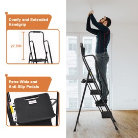 HBTower Step Ladder with Handrails, Folding Step Stool with Attachable Tool Bag & Anti-Slip Wide Pedal for Home Kitchen Pantry Office, Black