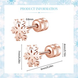 Snowflake Stud Earrings for Women Girls Titanium Screw Back Stud Earrings Hypoallergenic Christmas Jewellery Gifts (rose gold)