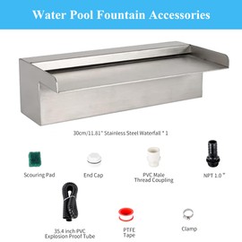 SUMGREEN 12 Inch Pool Fountain 304 Stainless Steel Waterfall Spillway with Pipe Connector Kits, Wider Water Flow Sheer Descent Platform Water Feature Fountain for Swimming Pool, Outdoor Garden Decor
