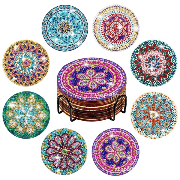BTtime Diamond Painting Coaster Kit 8 Piece Coaster Kit DIY Mandala Diamond Painting Coaster Kit Craft Kit with Holder Diamond Beads Painting 5D Mosaic Art All Over Paste Type for Kids Adults