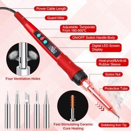 Soldering Iron Kit, 100W LED Digital Solder Gun kits with Ceramic Heater, Adjustable Temperature Welding Tools with Tips, Wick Braid, Stand, Solders Wire, Sponge, Flux Paste, Red