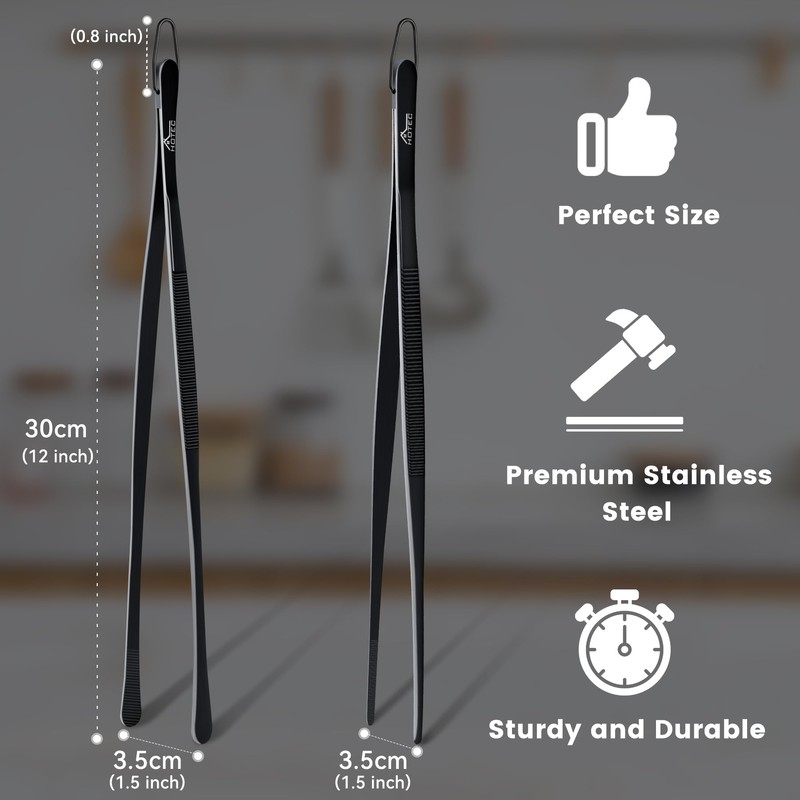 HOTEC Stainless Steel Kitchen Tweezers Tongs, 2 Pcs 12Inch Professional