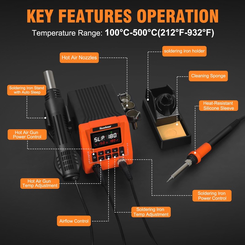 TOOLOUR 2-IN-1 851D Soldering Iron Hot Air Rework Station, 302°F-932°F
