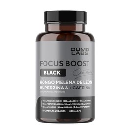 Dumo Focus Boost Black | Nootrópico Natural con Melena de León, Bacopa, Cafeína y Huperzina A | Energía Mental, Enfoque y Rendimiento Diario | 60 Cáps