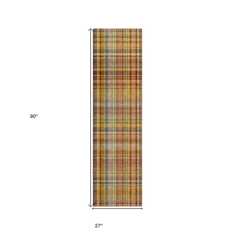 Homeroots 8' Runner Orange Plaid Washable Non Skid Indoor Outdoor