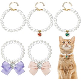 Lyyxjsltd 5Pcs Adjustable Pearl Pet Collar for Small Dogs & Cats - Elegant Bow & Pearls Necklace Accessory, Soft Breathable Kitten Puppy Jewelry Collars with Secure Buckle